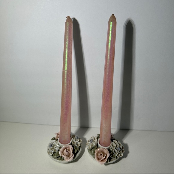 Rose Candle Holders Ceramic Pink And White  Pink Glitter Candles Vintage - Picture 1 of 7